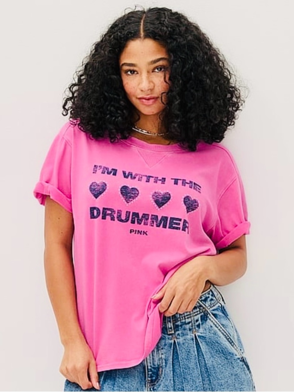 New S Small Victoria’s Secret PINK Shirt Graphic Tee I'm With The Drummer Top